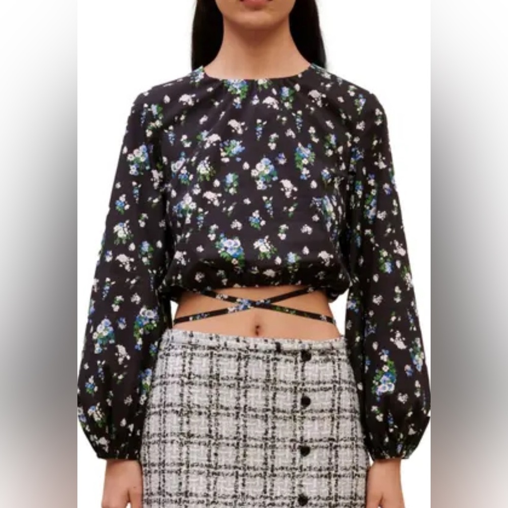 Maje Floral Crop Top Black Blue Print Tie Waist Long Sleeve Size Medium NEW